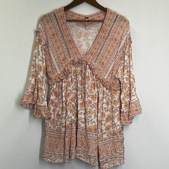 Free People - Moonlight Dance Floral V Neck Boho 3/4 Sleeve Blouse Size Small - Picture 8 of 12